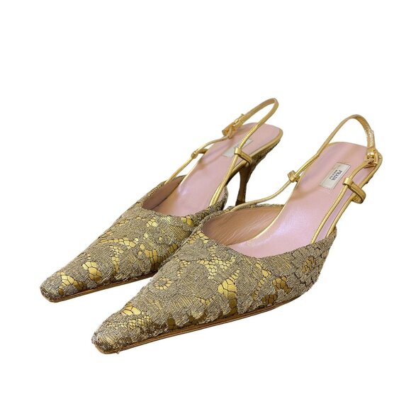 Prada Vintage Gold Lace Satin Slingback Heels Shoes 40.5/10